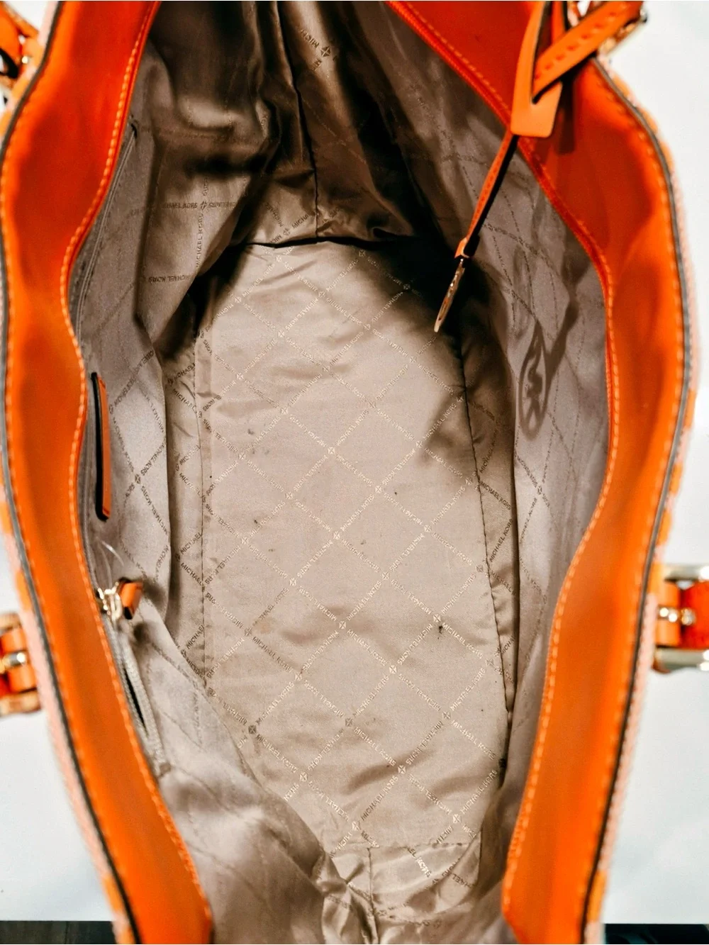 MICHAEL KORS Orange MK Logo Canvas Tote with Leather Trim